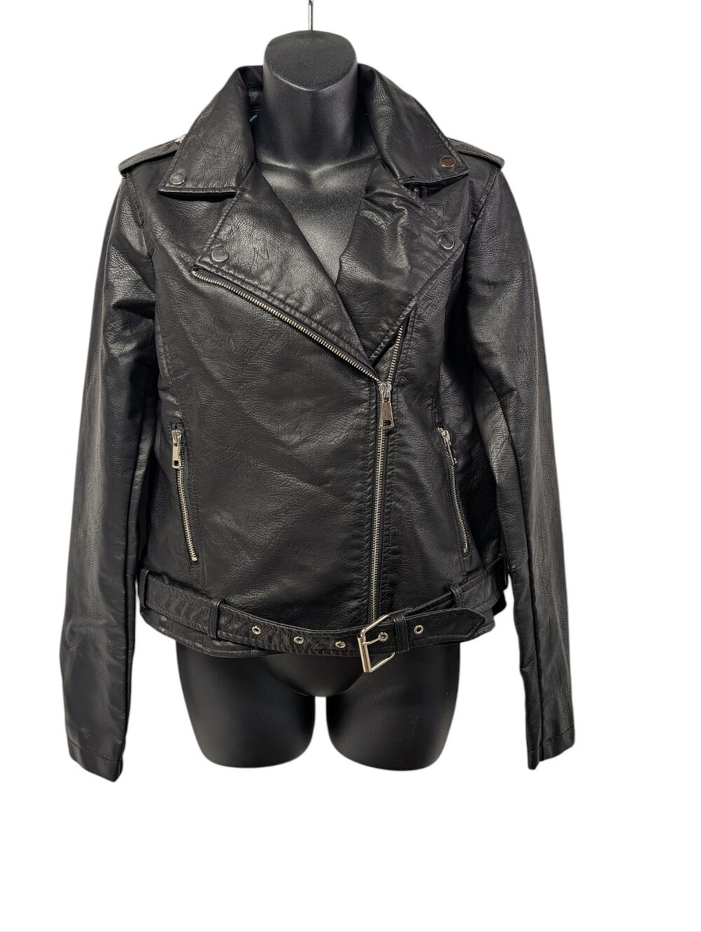 CiSono by Cavalini Women Faux Leather Moto Biker Jacket Black Size M Zipper Belt